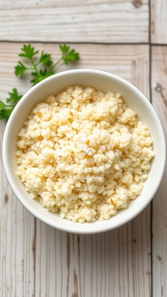 Fluffy quinoa in a bowl, garnished with salt and parsley on a wooden table.